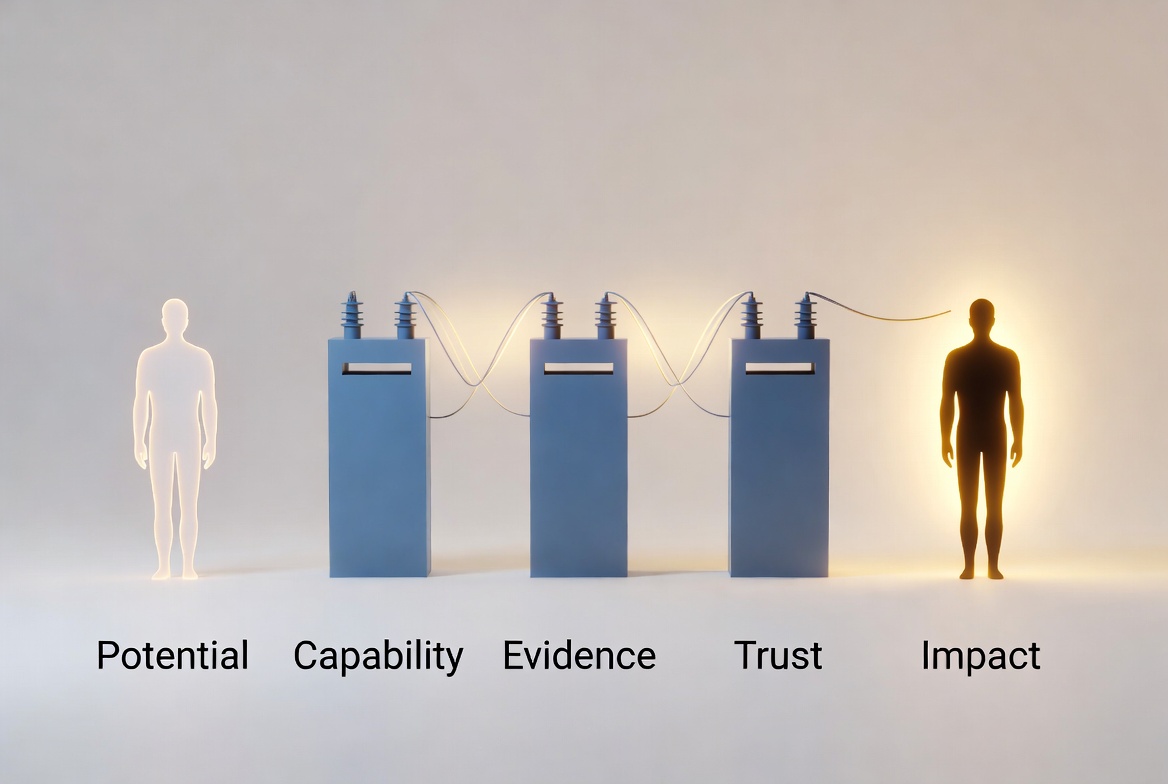 Illustration showing the five stages of human capability development and NextHive as the strategic transformer between each two stages